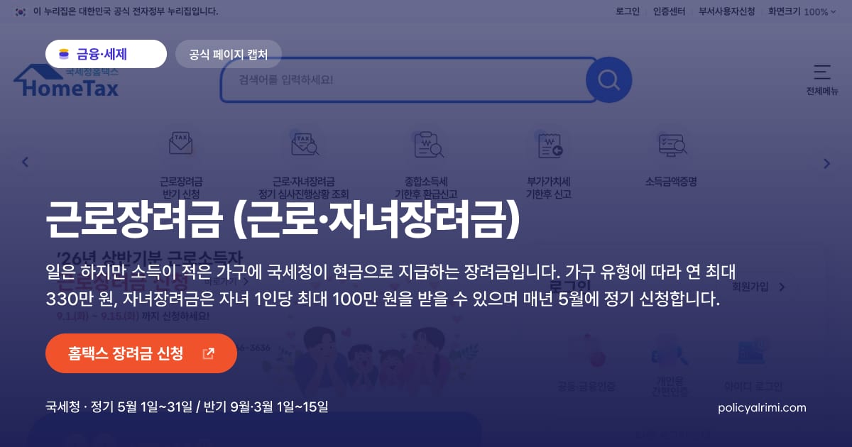 근로장려금 (근로·자녀장려금) 대표 이미지: 일은 하지만 소득이 적은 가구에 국세청이 현금으로 지급하는 장려금입니다. 가구 유형에 따라 연 최대 330만 원, 자녀장려금은 자녀 1인당 최대 100만 원을 받을 수 있으며 매년 5월에 정기 신청합니다.